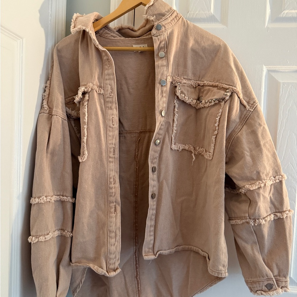 POL Tan Distressed Jean Jacket Oversized Fit
